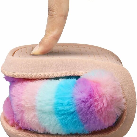 Women's Brand New Furry & Colorful Striped Thong Slippers with Hard Soles SIZE M - Picture 3 of 10